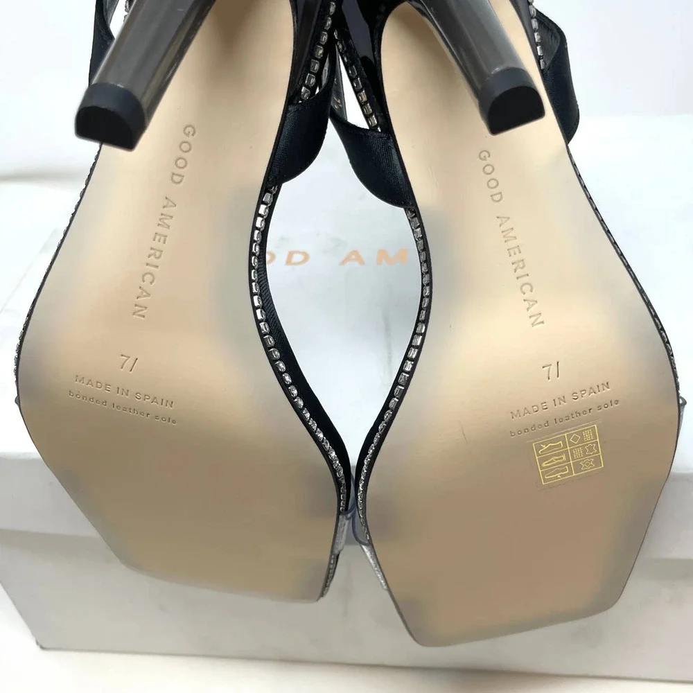 Good American Crystal Crush Lucite Rhinestone Sandals In Black Size 7.5 New